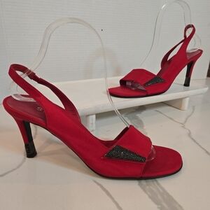 St. John Red Satin Formal Party Festive Jeweled Crystal Slingback Heels 8.5